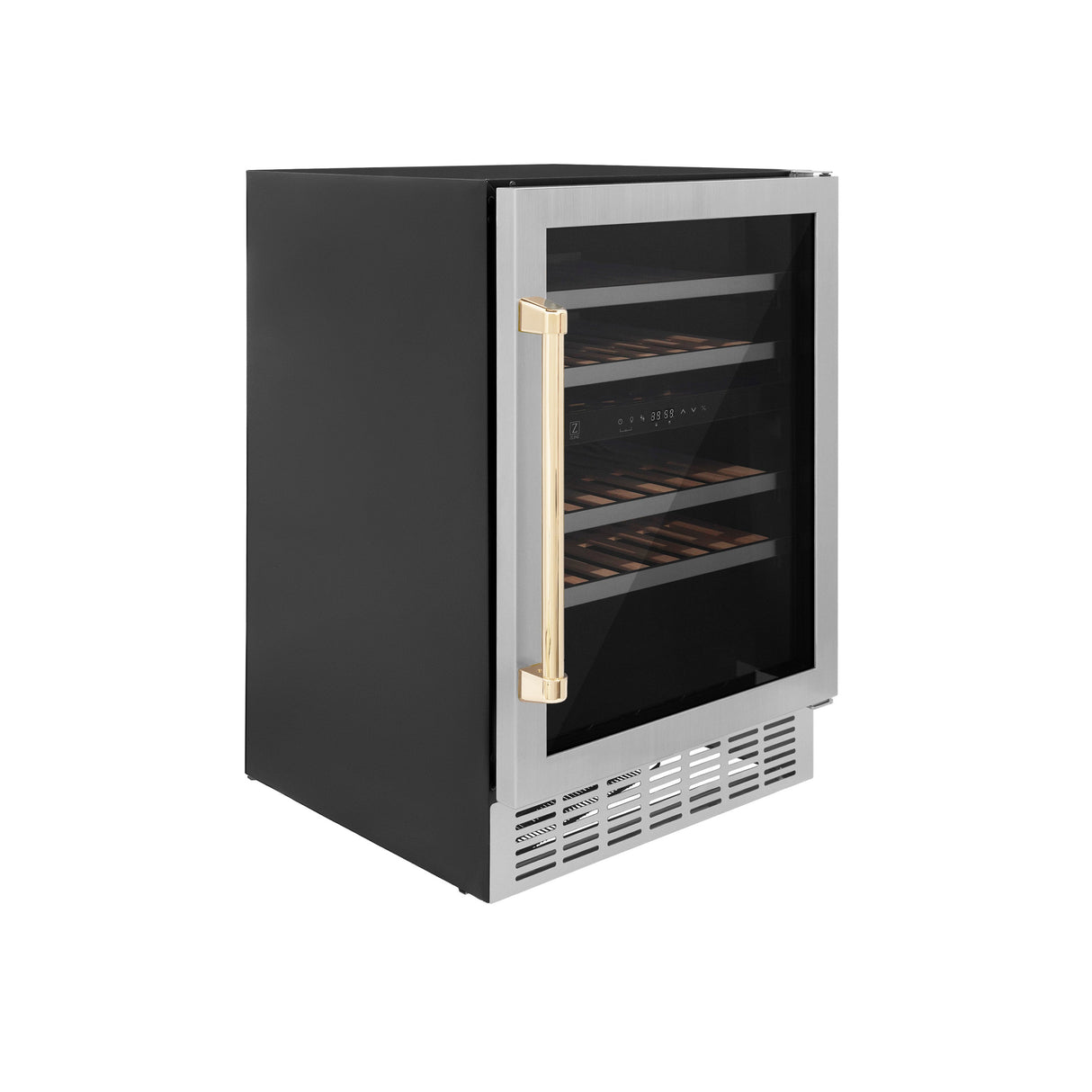 ZLINE 24" Autograph Edition Dual Zone 44-Bottle Wine Cooler in Stainless Steel with Wood Shelf and Polished Gold  Accents (RWVZ-UD-24-G)