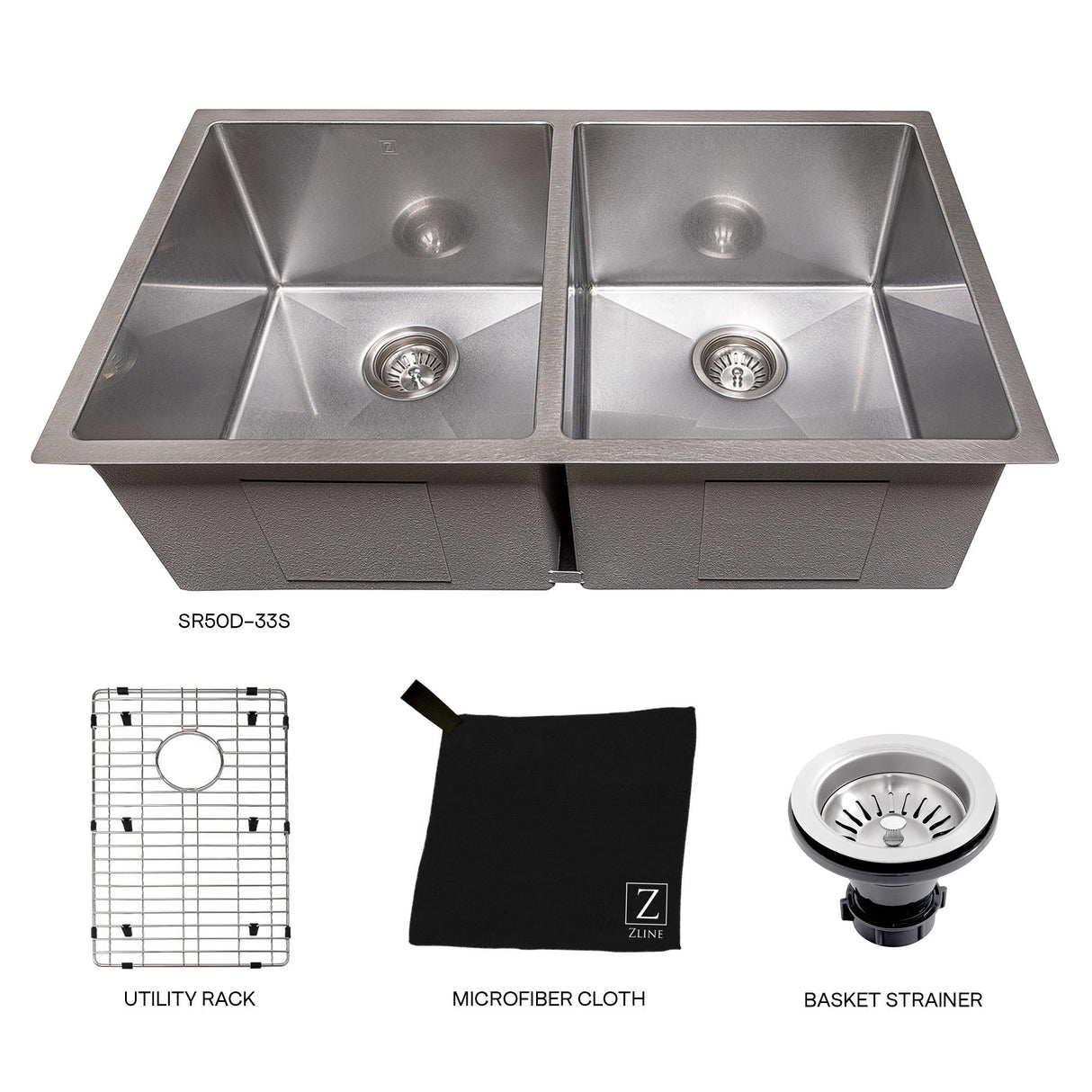 ZLINE 33 in. Anton Undermount Double Bowl Satin Stainless Steel Kitchen Sink with Bottom Grid (SR50D-33S)