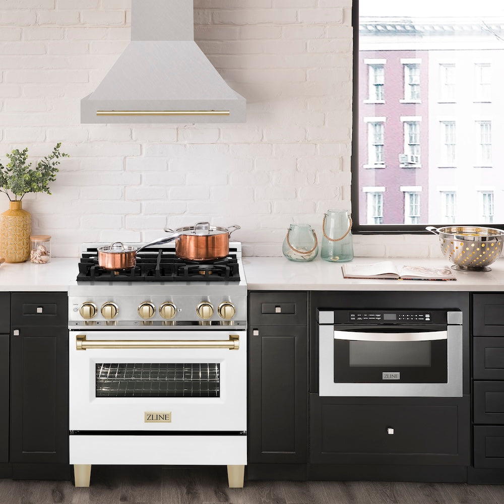 ZLINE Autograph Edition 30" Fingerprint Resistant Stainless Steel Range Hood with Polished Gold Handle (8654SNZ-30-G)