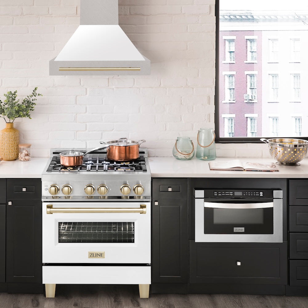 ZLINE Autograph Edition 30" Fingerprint Resistant Stainless Steel Range Hood with White Matte Shell and Polished Gold Handle (8654SNZ-WM30-G)