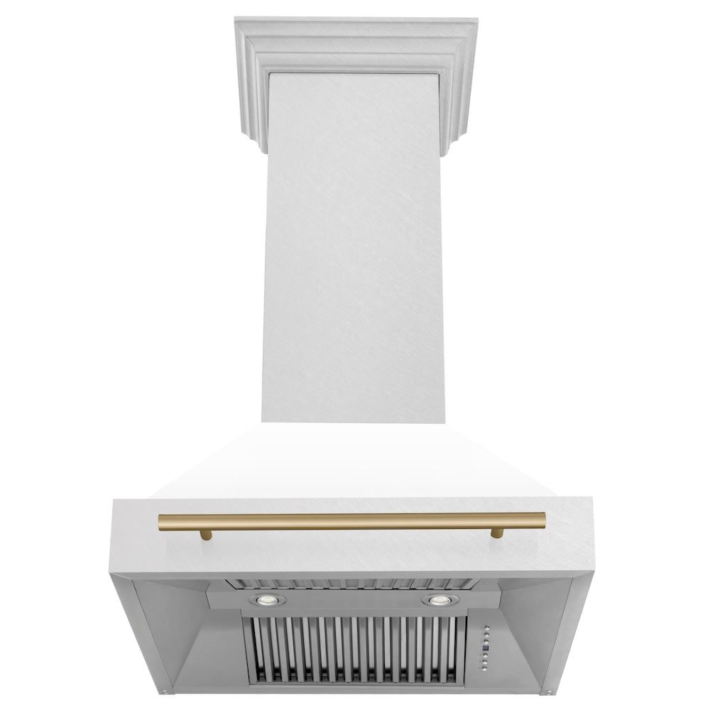 ZLINE Autograph Edition 30" Fingerprint Resistant Stainless Steel Range Hood with White Matte Shell and Champagne Bronze Handle (8654SNZ-WM30-CB)