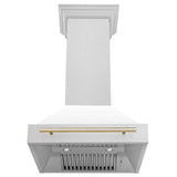 ZLINE Autograph Edition 30" Fingerprint Resistant Stainless Steel Range Hood with White Matte Shell and Polished Gold Handle (8654SNZ-WM30-G)