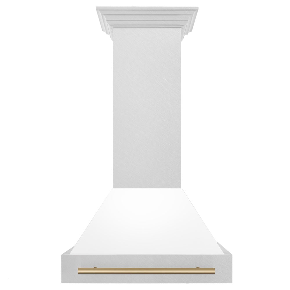 ZLINE Autograph Edition 30" Fingerprint Resistant Stainless Steel Range Hood with White Matte Shell and Champagne Bronze Handle (8654SNZ-WM30-CB)
