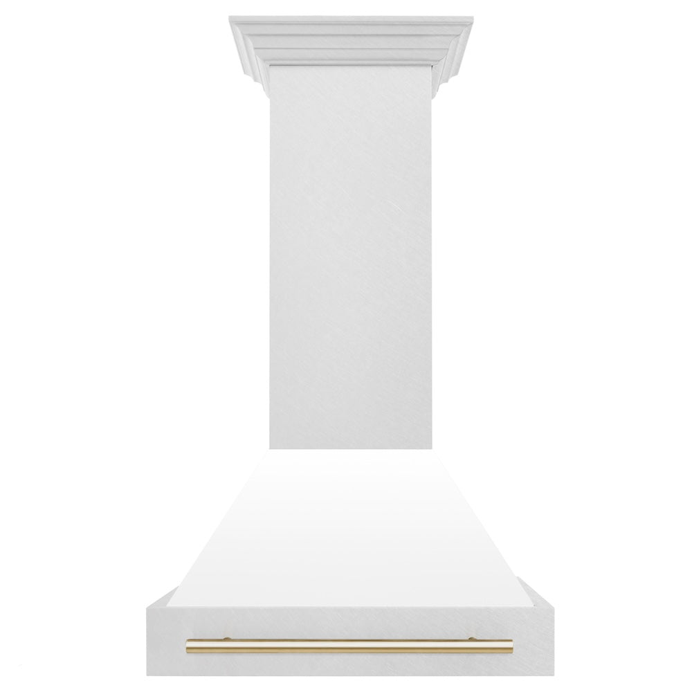 ZLINE Autograph Edition 30" Fingerprint Resistant Stainless Steel Range Hood with White Matte Shell and Polished Gold Handle (8654SNZ-WM30-G)