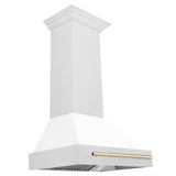 ZLINE Autograph Edition 30" Fingerprint Resistant Stainless Steel Range Hood with White Matte Shell and Polished Gold Handle (8654SNZ-WM30-G)
