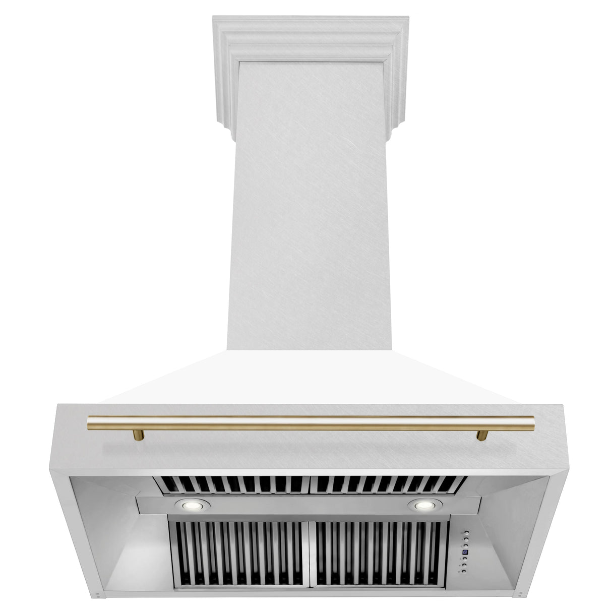 ZLINE Autograph Edition 36" Fingerprint Resistant Stainless Steel Range Hood with White Matte Shell and Polished Gold Handle (8654SNZ-WM36-G)