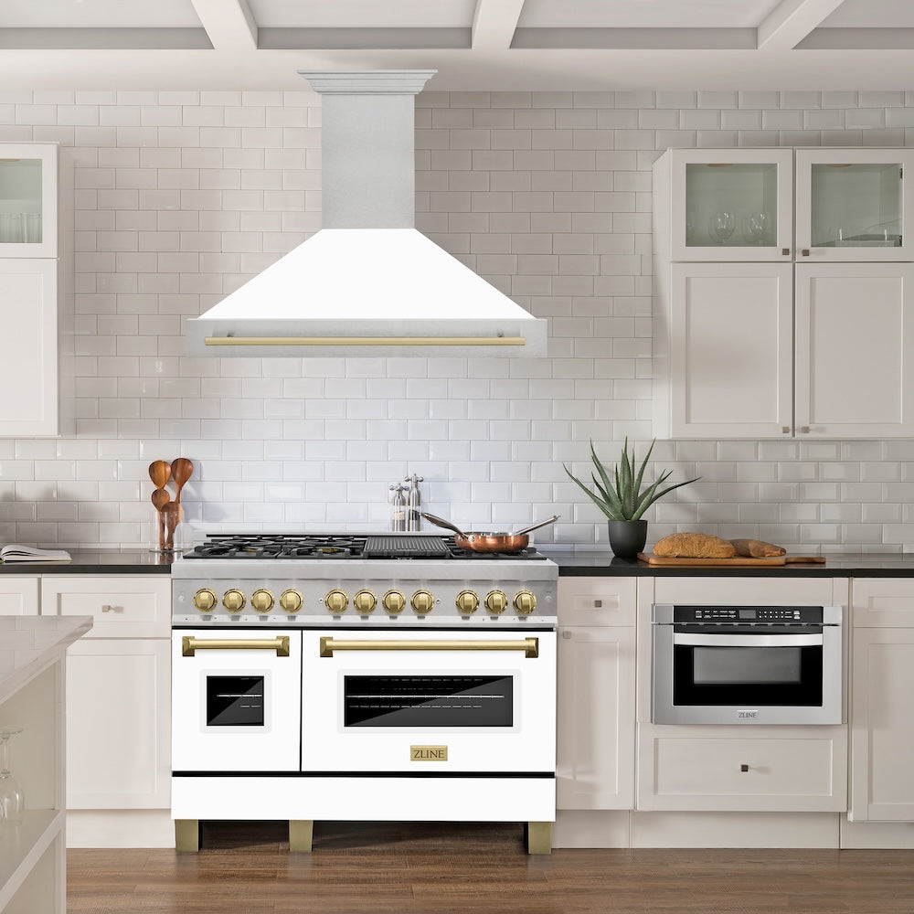ZLINE Autograph Edition 48" Fingerprint Resistant Stainless Steel Range Hood with White Matte Shell and Champagne Bronze Handle (8654SNZ-WM48-CB)