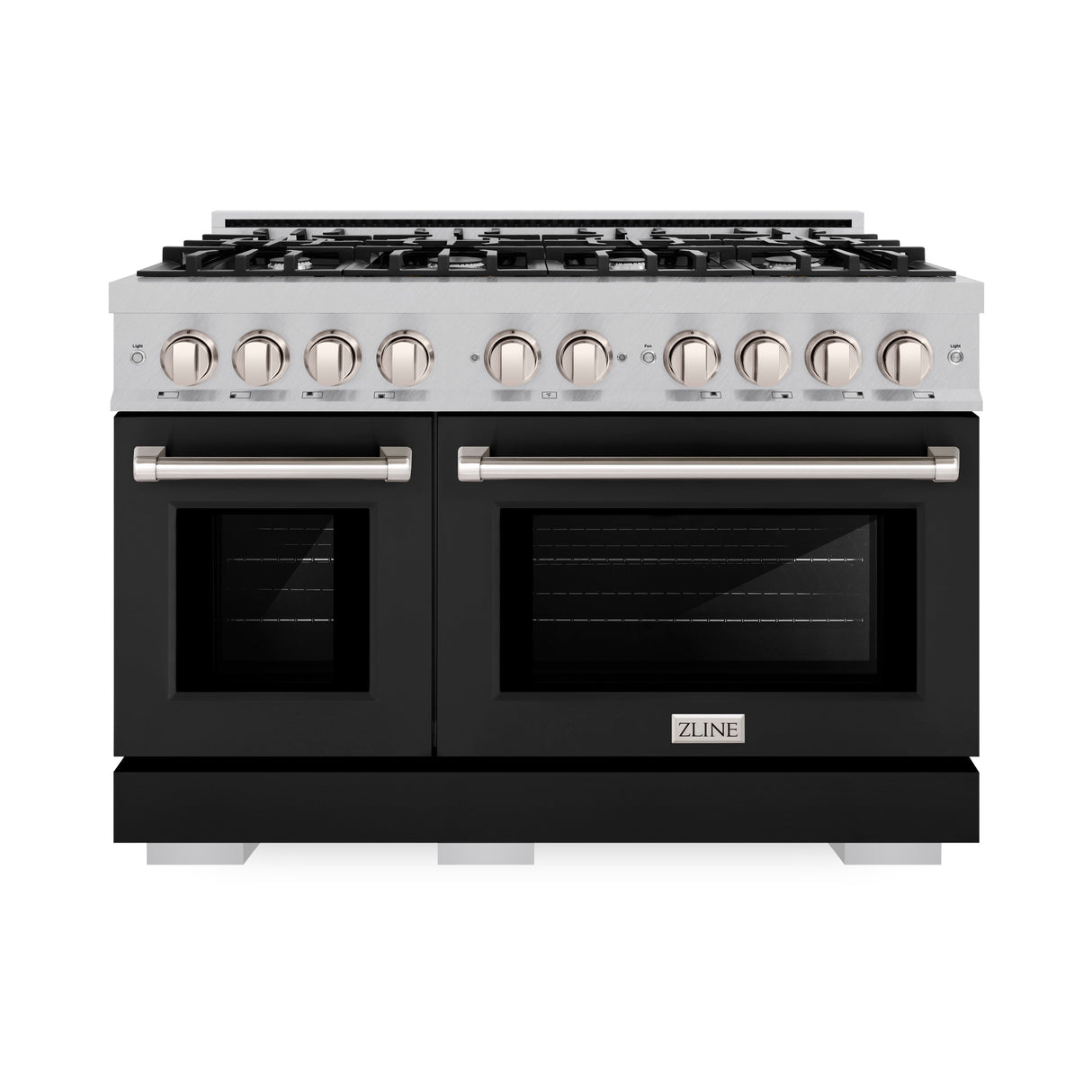 ZLINE 48 in. 6.7 cu. ft. Select Double Oven Gas Range with 8 Burner Cooktop in Satin Stainless Steel with Black Matte Doors (HGRS-BLM-48)