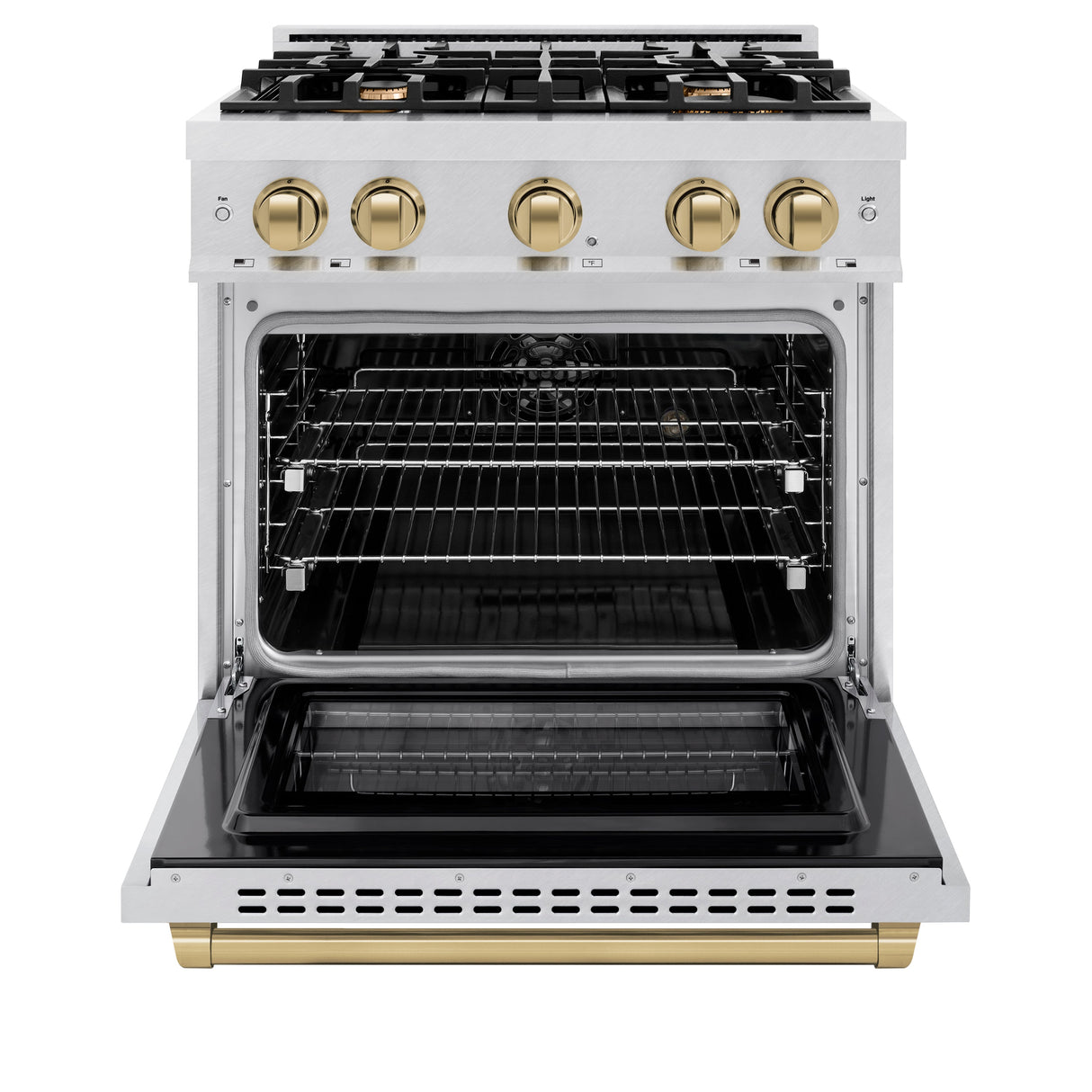 ZLINE Autograph Edition 30 in. 4.2 cu. ft. Select Dual Fuel Range with 4 Burner Gas Cooktop and Electric Convection Oven in Satin Stainless Steel with Champagne Bronze Accents (HDRSZ-30-CB)