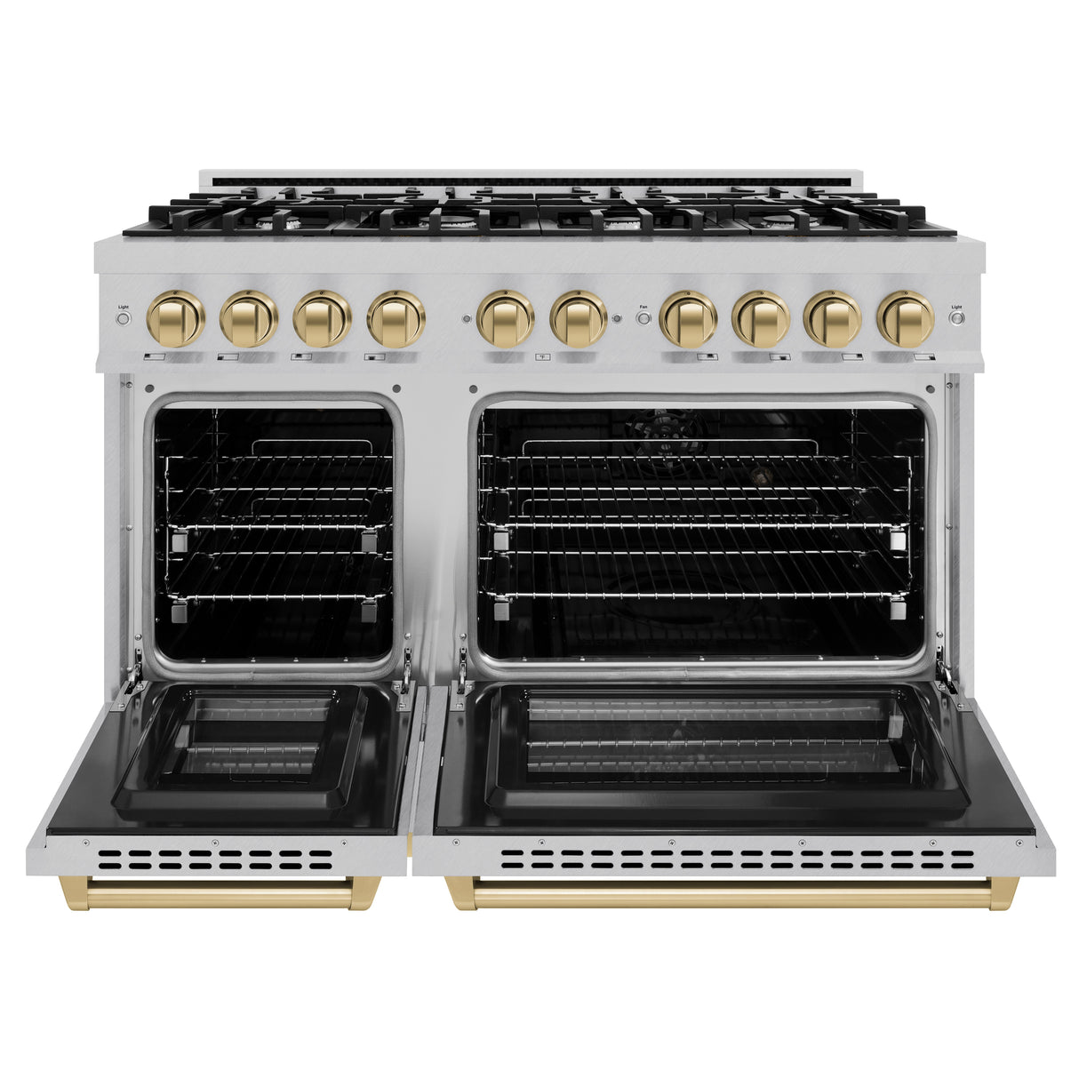 ZLINE Autograph Edition 48 in. 6.7 cu. ft. Select Double Oven Dual Fuel Range with 8 Burner Gas Cooktop in Satin Stainless Steel and Champagne Bronze Accents (HDRSZ-48-CB)