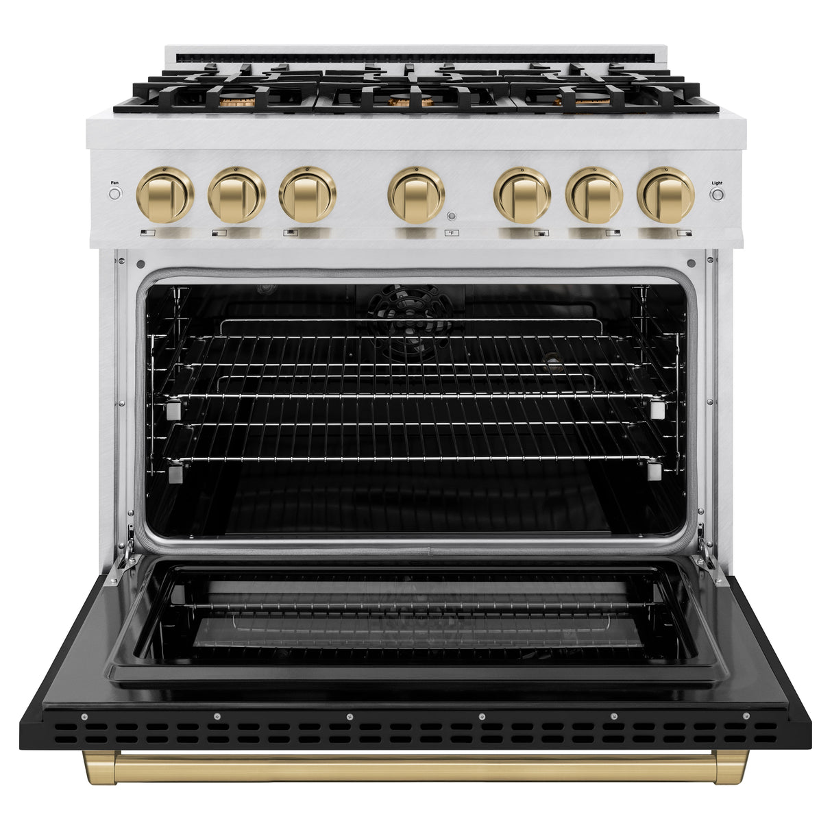 ZLINE Autograph Edition 36 in. 5.2 cu. ft. Select Dual Fuel Range with 6 Burner Gas Cooktop and Electric Convection Oven in Satin Stainless Steel with Black Matte Door and Champagne Bronze Accents (HDRSZ-BLM-36-CB)