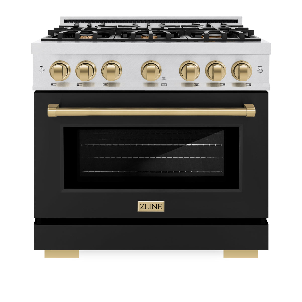 ZLINE Autograph Edition 36 in. 5.2 cu. ft. Select Dual Fuel Range with 6 Burner Gas Cooktop and Electric Convection Oven in Satin Stainless Steel with Black Matte Door and Champagne Bronze Accents (HDRSZ-BLM-36-CB)