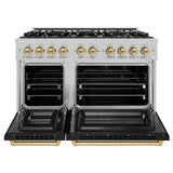 ZLINE Autograph Edition 48 in. 6.7 cu. ft. Select Double Oven Dual Fuel Range with 8 Burner Gas Cooktop in Satin Stainless Steel with Black Matte Doors and Champagne Bronze Accents (HDRSZ-BLM-48-CB)