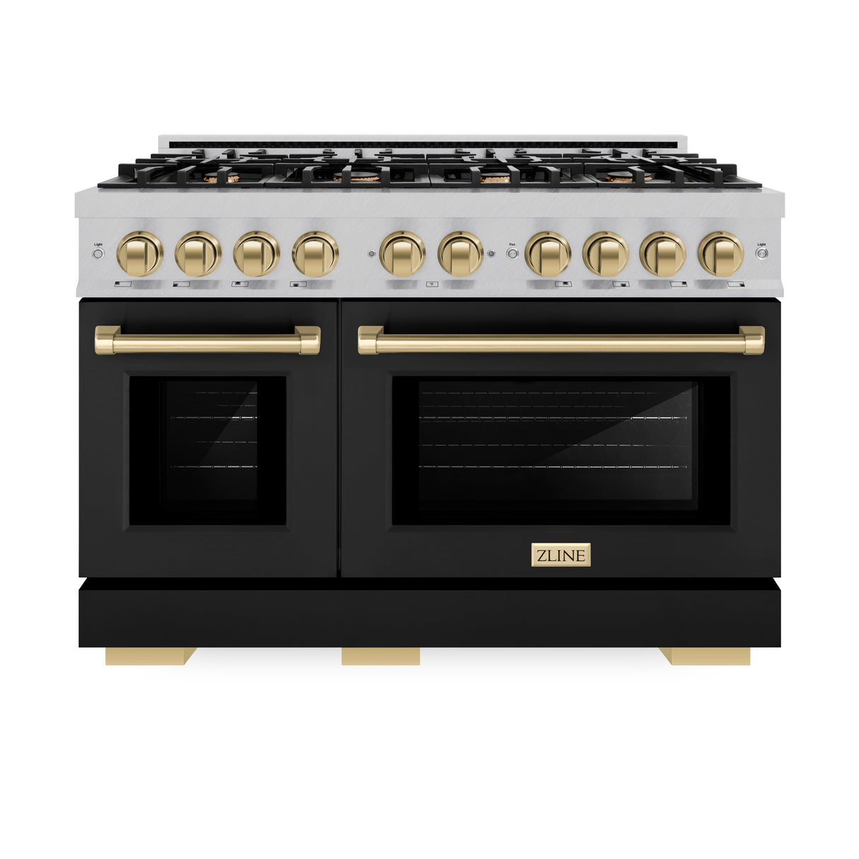 ZLINE Autograph Edition 48 in. 6.7 cu. ft. Select Double Oven Dual Fuel Range with 8 Burner Gas Cooktop in Satin Stainless Steel with Black Matte Doors and Champagne Bronze Accents (HDRSZ-BLM-48-CB)