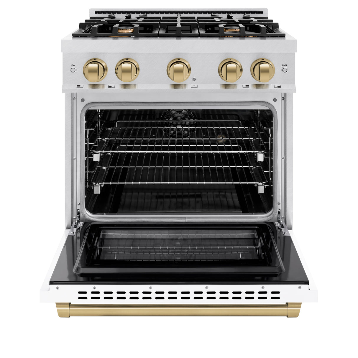 ZLINE Autograph Edition 30 in. 4.2 cu. ft. Select Dual Fuel Range with 4 Burner Gas Cooktop and Electric Convection Oven in Satin Stainless Steel with White Matte Door and Champagne Bronze Accents (HDRSZ-WM-30-CB)