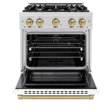 ZLINE Autograph Edition 30 in. 4.2 cu. ft. Select Dual Fuel Range with 4 Burner Gas Cooktop and Electric Convection Oven in Satin Stainless Steel with White Matte Door and Champagne Bronze Accents (HDRSZ-WM-30-CB)