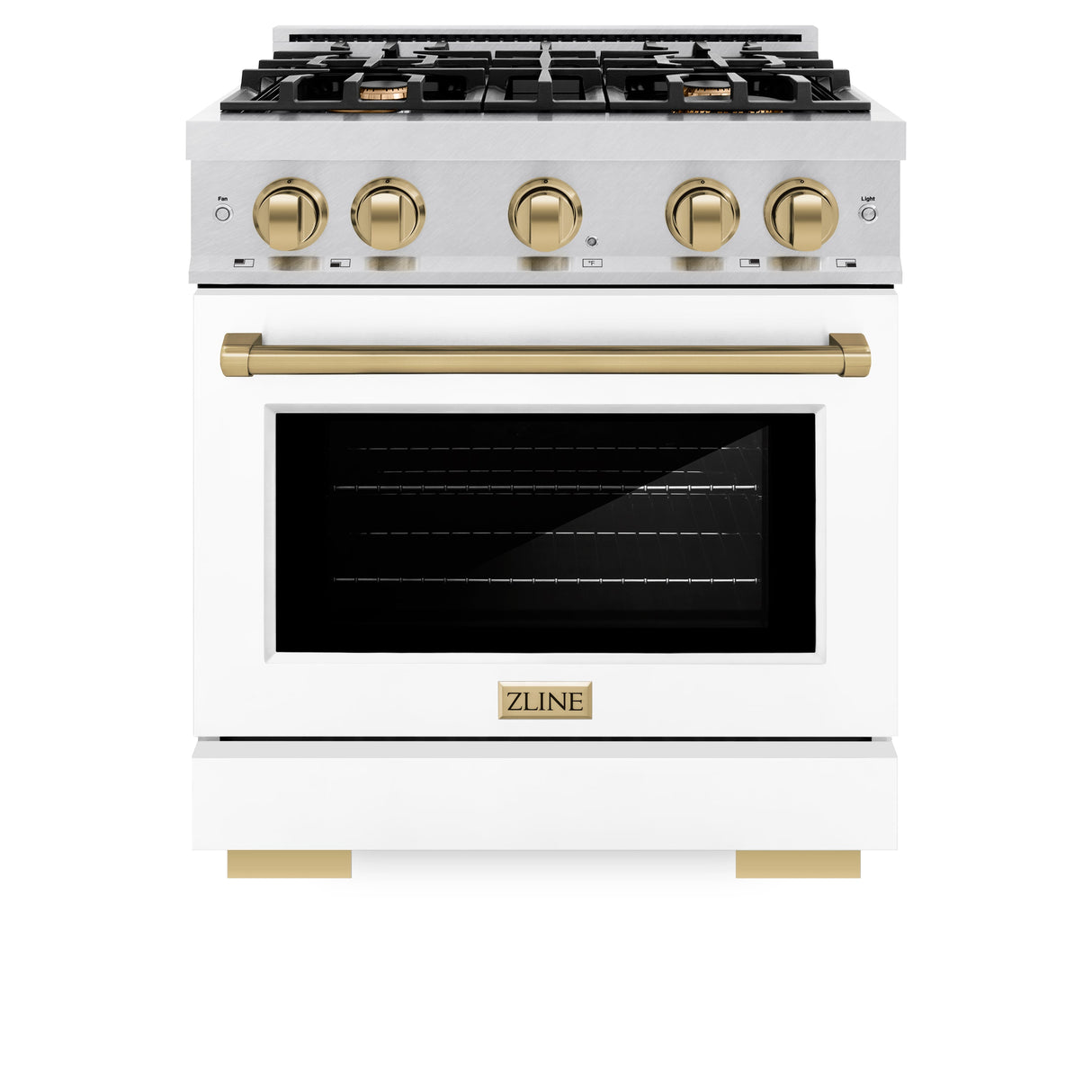ZLINE Autograph Edition 30 in. 4.2 cu. ft. Select Dual Fuel Range with 4 Burner Gas Cooktop and Electric Convection Oven in Satin Stainless Steel with White Matte Door and Champagne Bronze Accents (HDRSZ-WM-30-CB)
