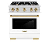 ZLINE Autograph Edition 30 in. 4.2 cu. ft. Select Dual Fuel Range with 4 Burner Gas Cooktop and Electric Convection Oven in Satin Stainless Steel with White Matte Door and Champagne Bronze Accents (HDRSZ-WM-30-CB)