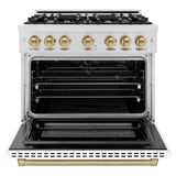 ZLINE Autograph Edition 36 in. 5.2 cu. ft. Select Dual Fuel Range with 6 Burner Gas Cooktop and Electric Convection Oven in Satin Stainless Steel with White Matte Door and Polished Gold Accents (HDRSZ-WM-36-G)