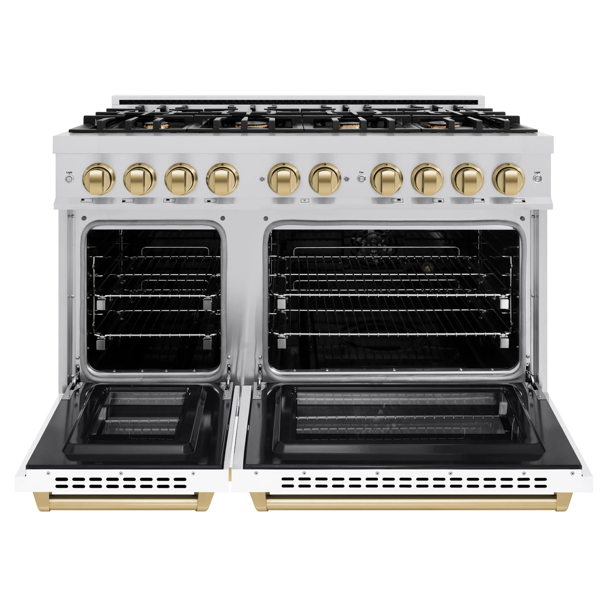 ZLINE Autograph Edition 48 in. 6.7 cu. ft. Select Double Oven Dual Fuel Range with 8 Burner Gas Cooktop in Satin Stainless Steel with White Matte Doors and Champagne Bronze Accents (HDRSZ-WM-48-CB)