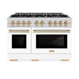 ZLINE Autograph Edition 48 in. 6.7 cu. ft. Select Double Oven Dual Fuel Range with 8 Burner Gas Cooktop in Satin Stainless Steel with White Matte Doors and Champagne Bronze Accents (HDRSZ-WM-48-CB)