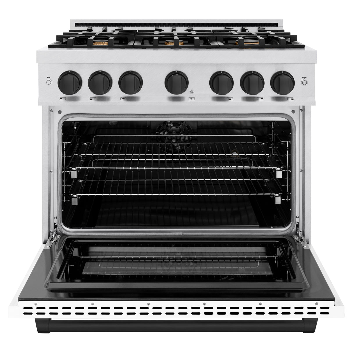 ZLINE Autograph Edition 36 in. 5.2 cu. ft. Select Dual Fuel Range with 6 Burner Gas Cooktop and Electric Convection Oven in Satin Stainless Steel with White Matte Door and Matte Black Accents (HDRSZ-WM-36-MB)