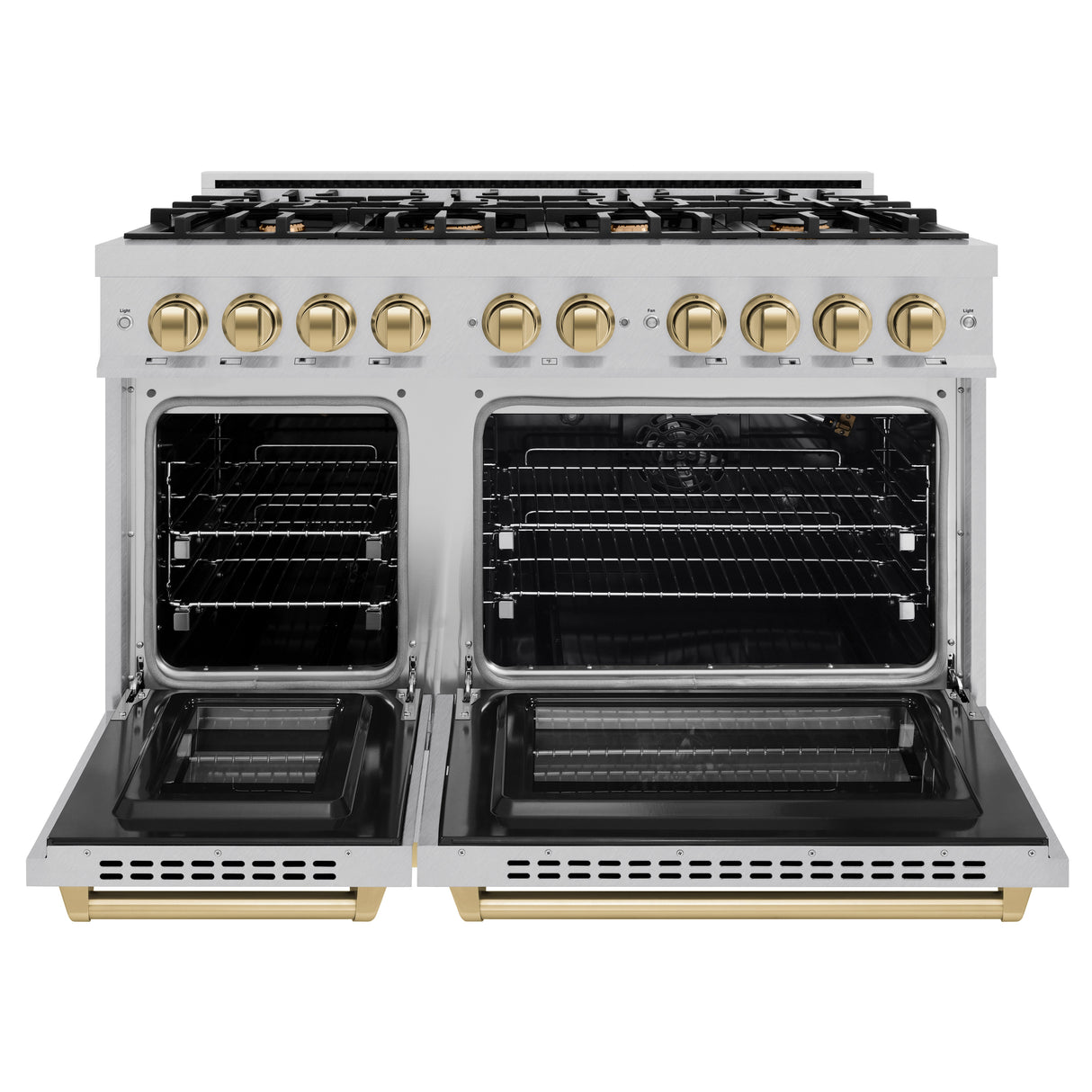 ZLINE Autograph Edition 48 in. 6.7 cu. ft. Select Double Oven Gas Range with 8 Burner Cooktop in Satin Stainless Steel and Champagne Bronze Accents (HGRSZ-48-CB)