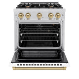 ZLINE Autograph Edition 30 in. 4.2 cu. ft. Select Gas Range with 4 Burner Cooktop and Convection Gas Oven in Satin Stainless Steel with White Matte Door and Champagne Bronze Accents (HGRSZ-WM-30-CB)