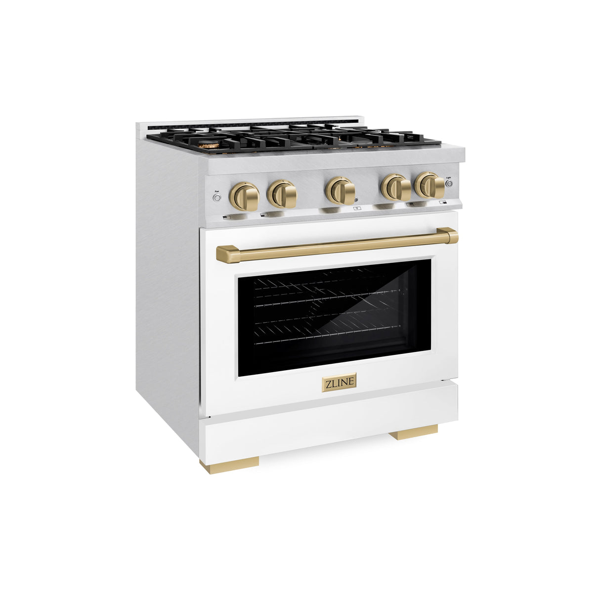 ZLINE Autograph Edition 30 in. 4.2 cu. ft. Select Gas Range with 4 Burner Cooktop and Convection Gas Oven in Satin Stainless Steel with White Matte Door and Champagne Bronze Accents (HGRSZ-WM-30-CB)