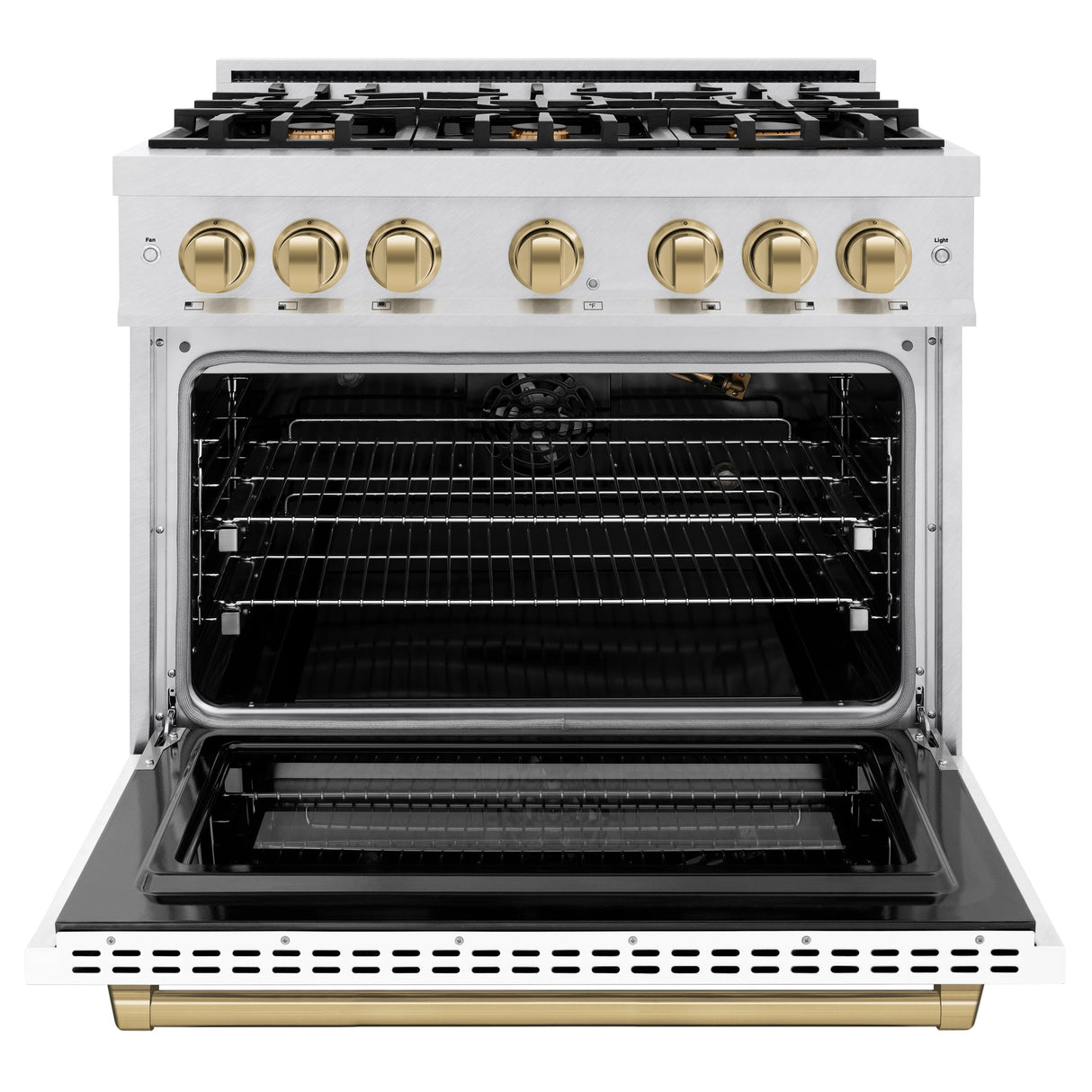 ZLINE Autograph Edition 36 in. 5.2 cu. ft. Select Gas Range with 6 Burner Cooktop and Convection Gas Oven in Satin Stainless Steel with White Matte Door and Champagne Bronze Accents (HGRSZ-WM-36-CB)