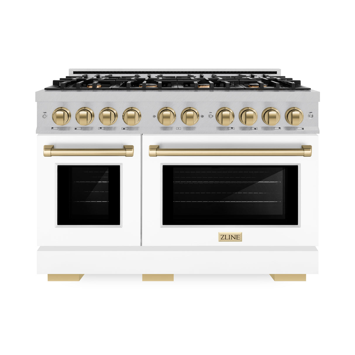 ZLINE Autograph Edition 48 in. 6.7 cu. ft. Select Double Oven Gas Range with 8 Burner Cooktop in Satin Stainless Steel with White Matte Doors and Champagne Bronze Accents (HGRSZ-WM-48-CB)
