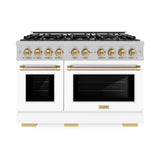 ZLINE Autograph Edition 48 in. 6.7 cu. ft. Select Double Oven Gas Range with 8 Burner Cooktop in Satin Stainless Steel with White Matte Doors and Champagne Bronze Accents (HGRSZ-WM-48-CB)