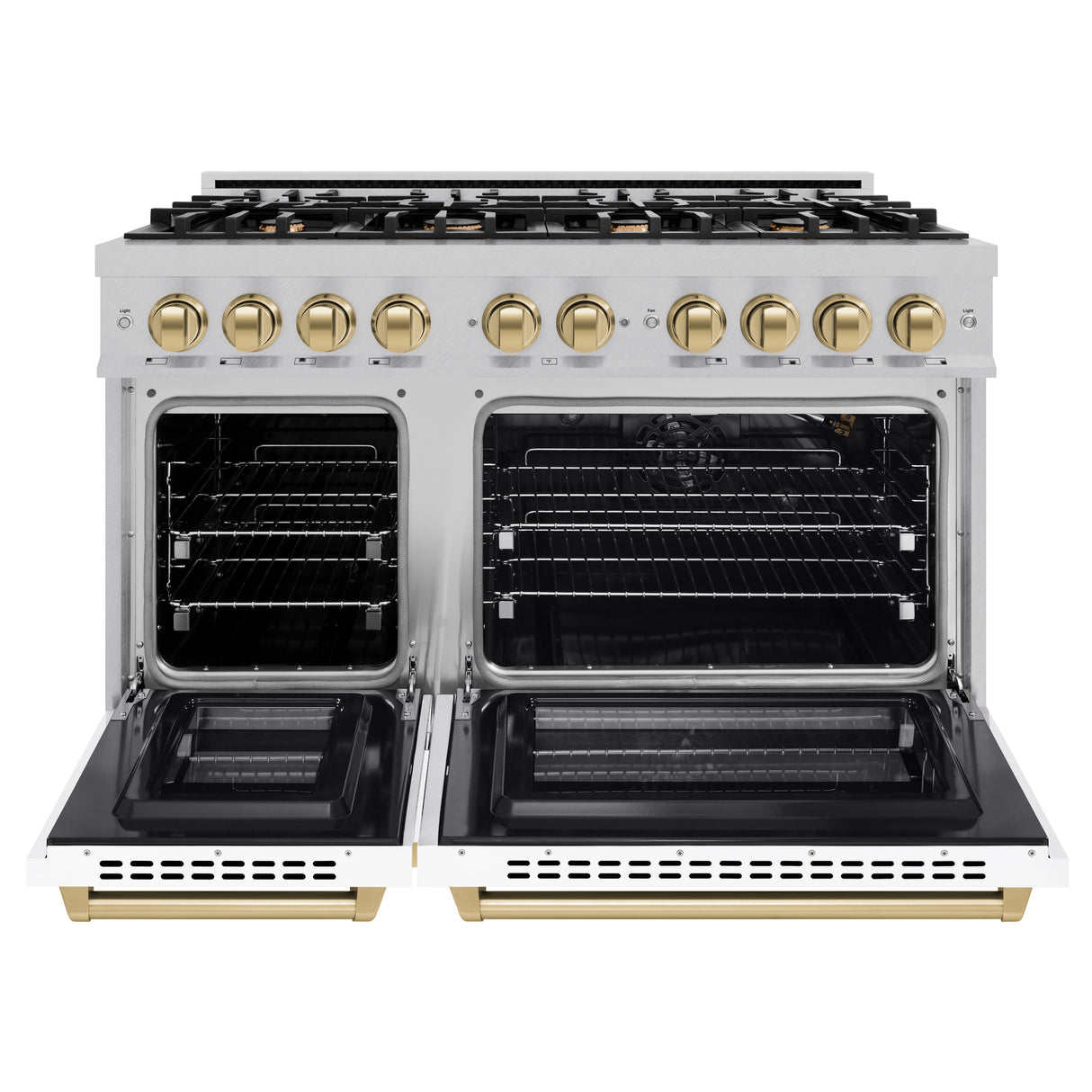 ZLINE Autograph Edition 48 in. 6.7 cu. ft. Select Double Oven Gas Range with 8 Burner Cooktop in Satin Stainless Steel with White Matte Doors and Champagne Bronze Accents (HGRSZ-WM-48-CB)