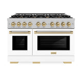 ZLINE Autograph Edition 48 in. 6.7 cu. ft. Select Double Oven Gas Range with 8 Burner Cooktop in Satin Stainless Steel with White Matte Doors and Champagne Bronze Accents (HGRSZ-WM-48-CB)