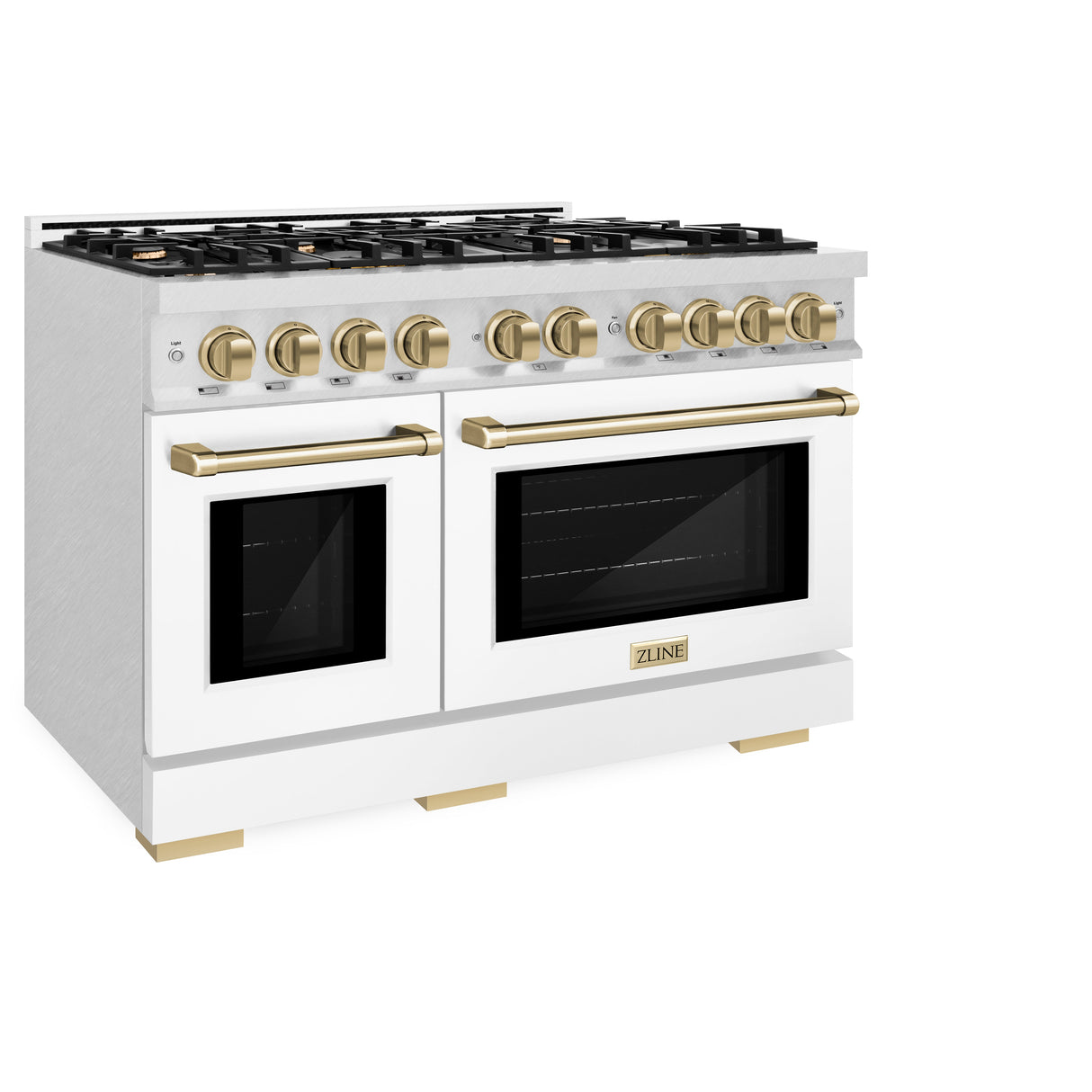 ZLINE Autograph Edition 48 in. 6.7 cu. ft. Select Double Oven Gas Range with 8 Burner Cooktop in Satin Stainless Steel with White Matte Doors and Champagne Bronze Accents (HGRSZ-WM-48-CB)