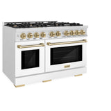 ZLINE Autograph Edition 48 in. 6.7 cu. ft. Select Double Oven Gas Range with 8 Burner Cooktop in Satin Stainless Steel with White Matte Doors and Champagne Bronze Accents (HGRSZ-WM-48-CB)