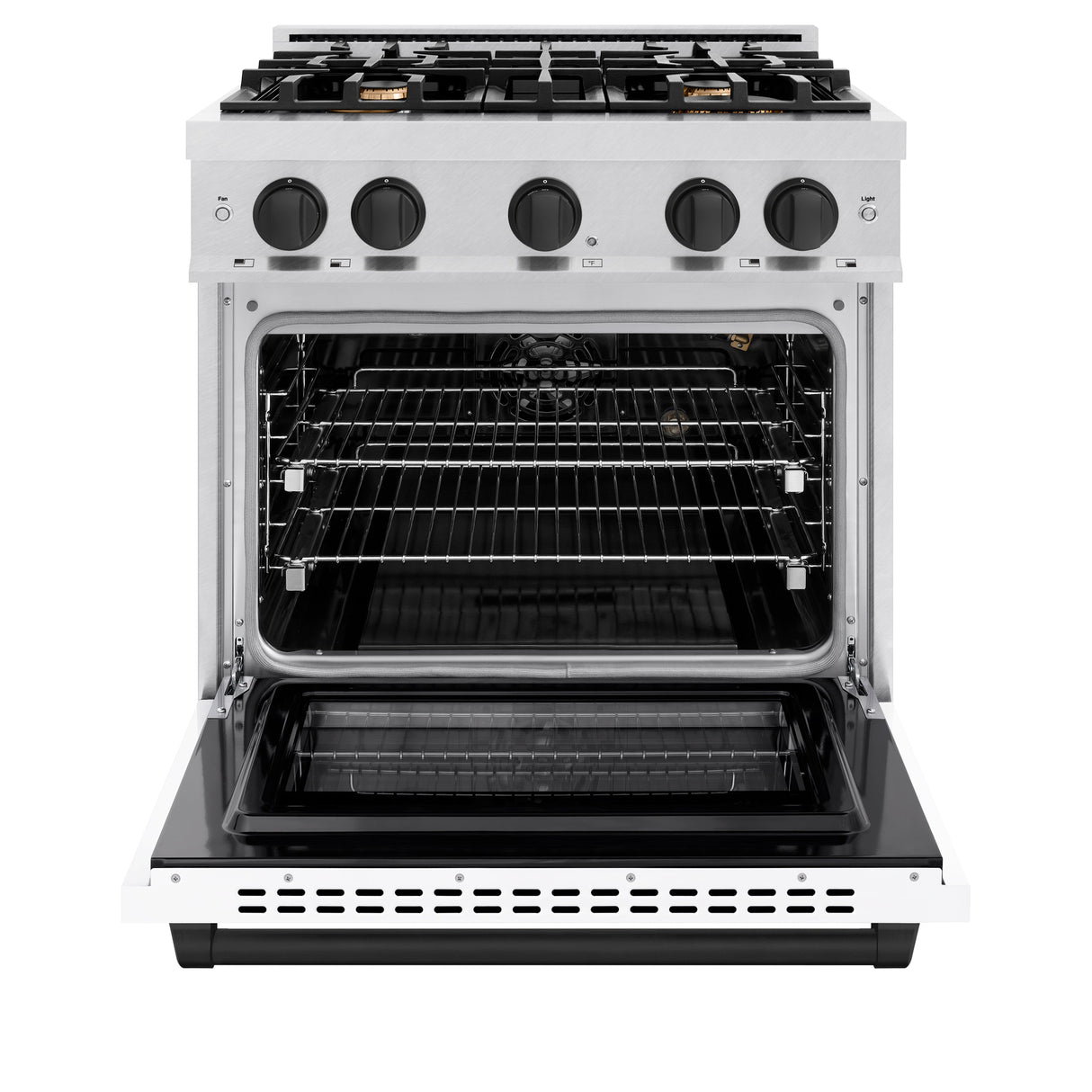 ZLINE Autograph Edition 30 in. 4.2 cu. ft. Select Gas Range with 4 Burner Cooktop and Convection Gas Oven in Satin Stainless Steel with White Matte Door and Matte Black Accents (HGRSZ-WM-30-MB)