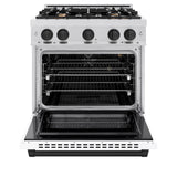 ZLINE Autograph Edition 30 in. 4.2 cu. ft. Select Gas Range with 4 Burner Cooktop and Convection Gas Oven in Satin Stainless Steel with White Matte Door and Matte Black Accents (HGRSZ-WM-30-MB)