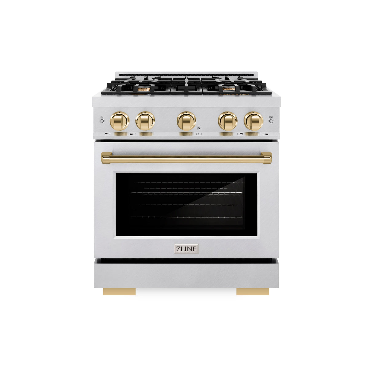 ZLINE Autograph Edition 30 in. 4.2 cu. ft. Select Dual Fuel Range with 4 Burner Gas Cooktop and Electric Convection Oven in Satin Stainless Steel with Polished Gold Accents (HDRSZ-30-G)