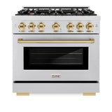 ZLINE Autograph Edition 36 in. 5.2 cu. ft. Select Dual Fuel Range with 6 Burner Gas Cooktop and Electric Convection Oven in Satin Stainless Steel with Polished Gold Accents (HDRSZ-36-G)