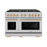 ZLINE Autograph Edition 48 in. 6.7 cu. ft. Select Double Oven Dual Fuel Range with 8 Burner Gas Cooktop in Satin Stainless Steel and Polished Gold Accents (HDRSZ-48-G)