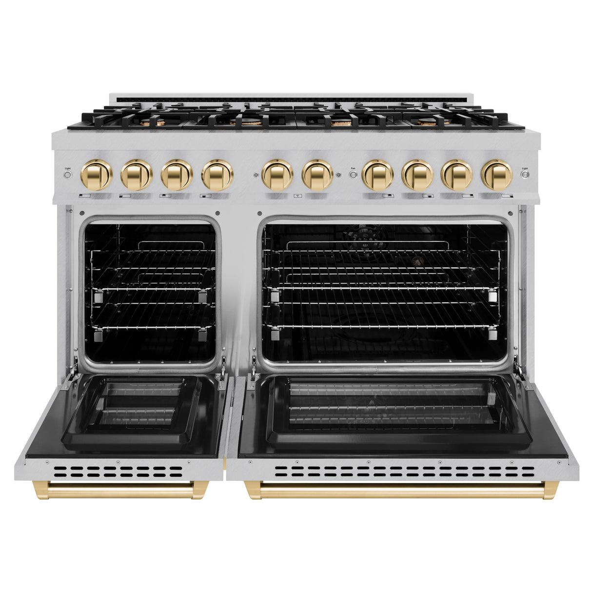 ZLINE Autograph Edition 48 in. 6.7 cu. ft. Select Double Oven Dual Fuel Range with 8 Burner Gas Cooktop in Satin Stainless Steel and Polished Gold Accents (HDRSZ-48-G)