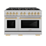 ZLINE Autograph Edition 48 in. 6.7 cu. ft. Select Double Oven Dual Fuel Range with 8 Burner Gas Cooktop in Satin Stainless Steel and Polished Gold Accents (HDRSZ-48-G)