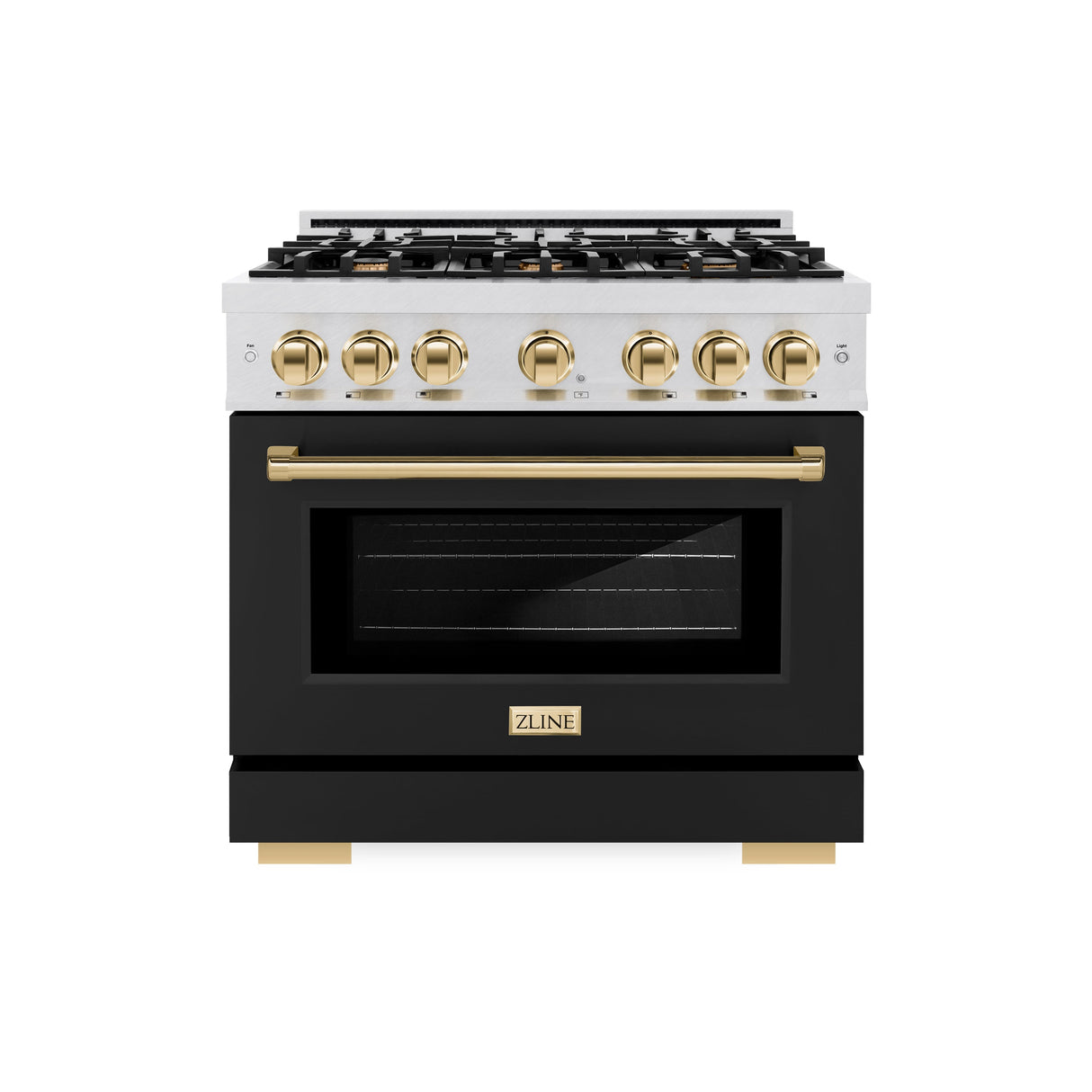 ZLINE Autograph Edition 36 in. 5.2 cu. ft. Select Dual Fuel Range with 6 Burner Gas Cooktop and Electric Convection Oven in Satin Stainless Steel with Black Matte Door and Polished Gold Accents (HDRSZ-BLM-36-G)