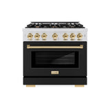 ZLINE Autograph Edition 36 in. 5.2 cu. ft. Select Dual Fuel Range with 6 Burner Gas Cooktop and Electric Convection Oven in Satin Stainless Steel with Black Matte Door and Polished Gold Accents (HDRSZ-BLM-36-G)