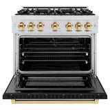 ZLINE Autograph Edition 36 in. 5.2 cu. ft. Select Dual Fuel Range with 6 Burner Gas Cooktop and Electric Convection Oven in Satin Stainless Steel with Black Matte Door and Polished Gold Accents (HDRSZ-BLM-36-G)