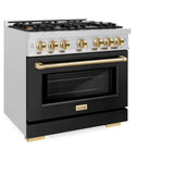 ZLINE Autograph Edition 36 in. 5.2 cu. ft. Select Dual Fuel Range with 6 Burner Gas Cooktop and Electric Convection Oven in Satin Stainless Steel with Black Matte Door and Polished Gold Accents (HDRSZ-BLM-36-G)
