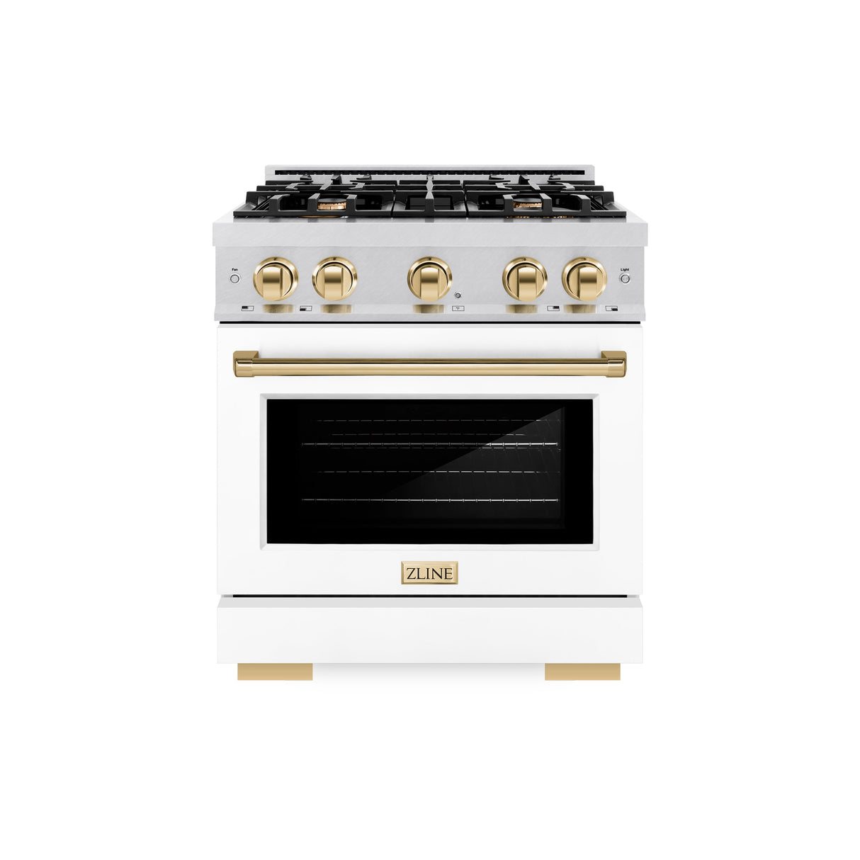 ZLINE Autograph Edition 30 in. 4.2 cu. ft. Select Dual Fuel Range with 4 Burner Gas Cooktop and Electric Convection Oven in Satin Stainless Steel with White Matte Door and Polished Gold Accents (HDRSZ-WM-30-G)