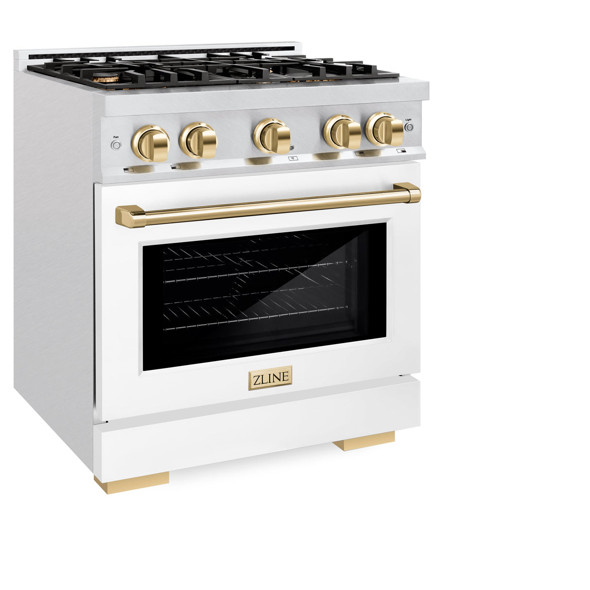 ZLINE Autograph Edition 30 in. 4.2 cu. ft. Select Dual Fuel Range with 4 Burner Gas Cooktop and Electric Convection Oven in Satin Stainless Steel with White Matte Door and Polished Gold Accents (HDRSZ-WM-30-G)