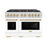 ZLINE Autograph Edition 48 in. 6.7 cu. ft. Select Double Oven Dual Fuel Range with 8 Burner Gas Cooktop in Satin Stainless Steel with White Matte Doors and Polished Gold Accents (HDRSZ-WM-48-G)
